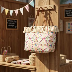 Sacs à main de style bohème avec pompons, sacs fourre-tout en toile grande capacité, sacs en toile écologiques pour les voyages en plein air et le shopping - Product Image 3