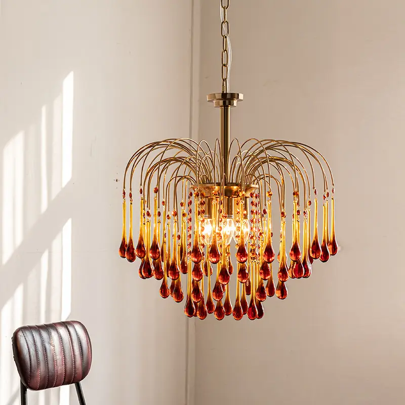 French Retro Villa Living Room Bedroom Fitting Room Water Drop Red Glass Chandelier