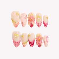 Faux ongles à presser en acrylique certifiés, style bord de mer, dégradé rose, fleurs 3D, coquillages, étoiles de mer, perles dorées, forme amande, longueur moyenne