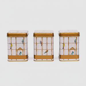 Juego de Cajas Metálicas Cuadradas Kontensan de 75x75x100mm (Juego de 3) con Ilustración Vintage de Jaula de Pájaros y Aves Coloridas - Product Image 2