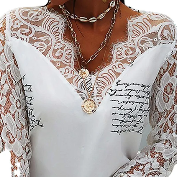 Summer Fashion Designer V-neck Long Sleeve White Lace Blouse Tops for Womens