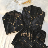 Pyjamas de luxe en jacquard satiné, soie, manches longues, rayés, pour couple, ensemble deux pièces