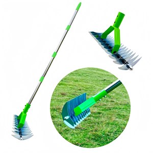 Râteau à désherbeur de gazon télescopique réglable, outil de scarification de jardin à dents courbées en acier inoxydable - Product Image 1
