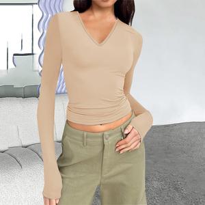 T-shirt court respirant pour femme, col en V, manches longues, coupe ajustée, en Spandex, couleur unie, décontracté, avec logo brodé, pour l'automne, l'hiver et l'été - Product Image 6