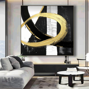 Peinture acrylique abstraite moderne noire et or faite à la main, art mural de luxe écologique sur toile - Product Image 3