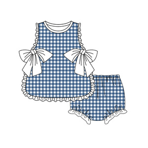 Précommande MOQ 5 – Ensemble d'été à volants pour filles, motif écossais, vente en gros, vêtements pour frères et sœurs, boutique Trendyism, Spandex Bio - Product Image 3