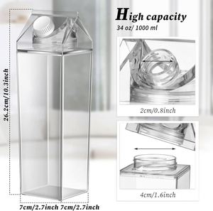 Leakproof Reusable Acrylic <b>Milk</b> Carton Water Bottle 500ml/1000ml Clear Plastic Modern-Style Square Design Screw-On Lid Camping - Product Image 2