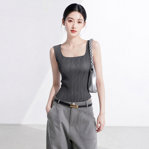 Débardeur tricoté plissé respirant pour femme PY Fashion, col carré, couleur unie, sans manches, style minimaliste, longueur standard - Product Image 2