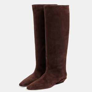 Bottes hautes en daim à talon carré épais taille 44 pour femme, coupe large, motif pierre, à bout carré - Product Image 4