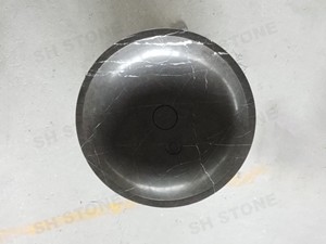 Lavabo a Colonna Rotondo Scanalato in Marmo Nero Marquina SH STONE, Lavandino Moderno Lucidato Ecologico per <span class=keywords><strong>Bagno</strong></span> - Product Image 2