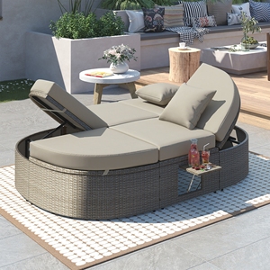 Lit de Jardin Pliant Moderne pour 2 Personnes avec Coussins et Oreillers, Cadre en Rotin et Fer, Chaise Longue Inclinable pour Patio et Cour - Product Image 6