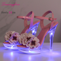 Sandal Wanita Musim Panas Baru 13cm Hiasan Bunga, Hak Stiletto Seksi, Tali Gesper, Menyala