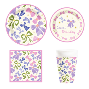 DAMAI Sweet Birthday Party Tableware Supplies Bowknot <b>Disposable</b> Paper Plate Napkins Cup Cake Toppers <b>Tablecloth</b> Banner - Product Image 3