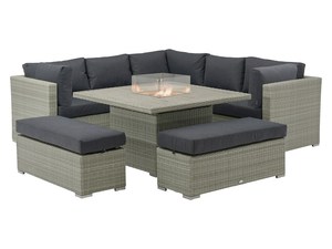 Dark Grey Rattan Set Corner with Square Firepit <b>Table</b> and 2 <b>Benches</b> Modular Sectional Juhui-23102701 Rattan <b>Garden</b> Furniture - Product Image 6