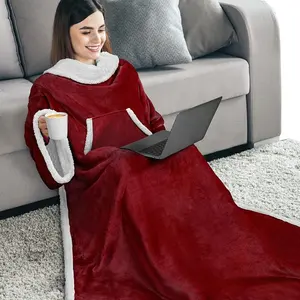 सुपर नरम गर्म आराम बड़े ऊन आलीशान पहनने योग्य शेरपा टीवी कंबल के साथ आस्तीन