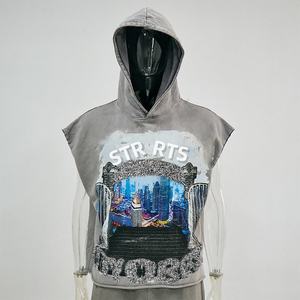 TKAN143 Wholesale Unisex Boxy Print <b>Tshirt</b> High Quality Cotton French Terry Hooded <b>Sleeveless</b> Streetwear Man Solid KNITTED - Product Image 1