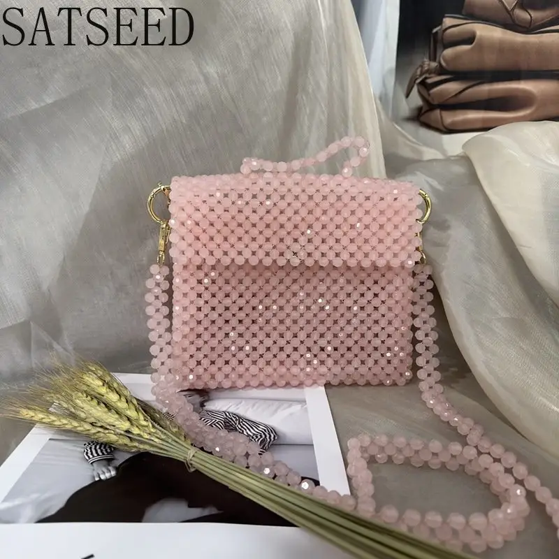 حقيبة يد نسائية منسوجة يدويًا حقيبة يد وردية متعددة الاستخدامات للصيف حقائب كروس بودي للنساء