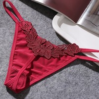 Tanga Sexy para Mujer, de Talle Bajo, con Encaje, Antibacteriana, Estilo de Tres Puntos, Bordada, de Poliéster, Terileno y Seda de Leche
