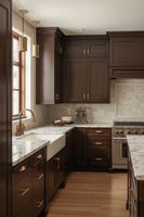 Meubles de cuisine modulaires sur mesure en bois massif brun foncé, nouveau modèle artisanal, avec éclairage LED, design antique, îlot de cuisine avec évier