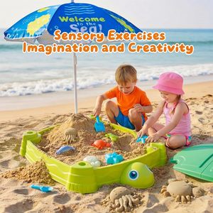 Nouvelle Grande Boîte à <span class=keywords><strong>Sable</strong></span> Carrée Tortue 2026 pour Enfants avec <span class=keywords><strong>Couvercle</strong></span> de Protection et Parasol Réglable, Inclut un Ensemble de 10 Jouets de Plage - Product Image 2