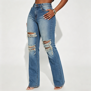 Jeans Skinny Strappati a Vita Alta in Denim Elasticizzato Taglie Forti da Donna e Ragazza con Buchi - Vendita all'Ingrosso - Product Image 4