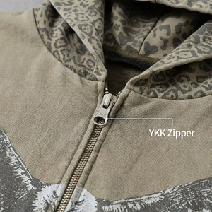 Sweat à capuche zippé court et ample pour homme, en molleton épais, avec motif léopard et aigle, effet délavé vintage, style streetwear western - Product Image 2
