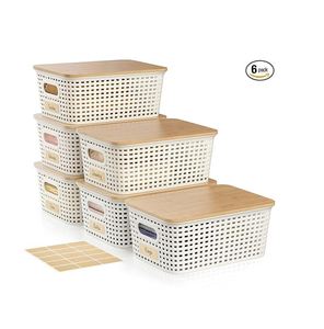 Plastic Storage Baskets With Bamboo <b>Lid</b> Stackable Storage <b>Bins</b>: Storage Baskets for Organizing - Product Image 1