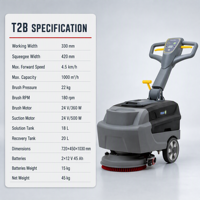 Mesin Pencuci Lantai T2B Walk Behind, Lebar Kerja 330mm, Tangki Larutan 18L Tangki Pengumpul 20L, Mesin Pengering dan Pencuci untuk Kantor/Toko