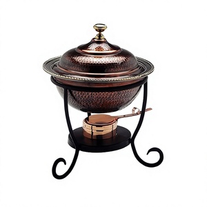 Recipiente para calentar comida de cobre martillado con soporte de hierro, hecho a mano, de forma redonda, al mejor precio. - Product Image 1