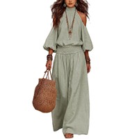 Ensemble pantalon 2 pièces décontracté et élégant pour femme, en coton, couleur unie, coupe ample, à épaules dénudées, manches longues, ajouré, avec pantalon large