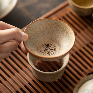 Colador de Té de Cerámica con Filtro, Juego de Dos Piezas, Acabado Glaseado Antiguo, Accesorio para Té Kung Fu, Hecho en Dehua - Product Image 1