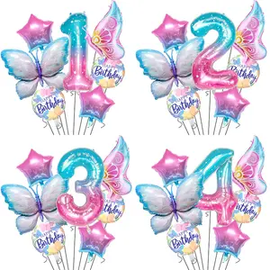 Paarse Vlinder Folie Ballon Set Sterrenhemel Nummer Decoratie Vliegende Vlinder Gradiënt Baby Regen Verjaardagsfeest Decoratie Speelgoed