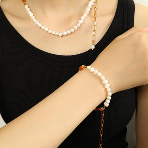 Freshwater Pearl Braided Necklace And Bracelet <b>Set</b> Women's Elegant Jewelry Everyday Wear Gold Chain Pearl <b>Beads</b> - Product Image 4