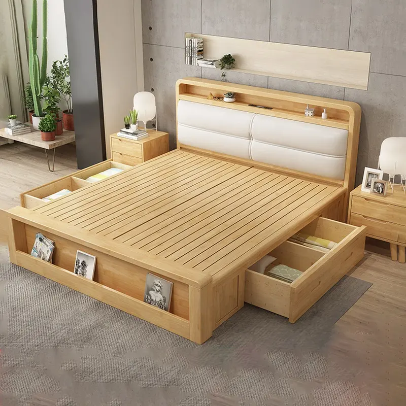 Sıcak satış ev mobilya yatak odası avrupa İskandinav tarzı depolama lüks deri katı ahşap çerçeve ev boyutları yatak yatak
