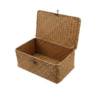Boîte de rangement en jonc de mer tressé à la main avec couvercle, panier rectangulaire en paille naturelle pour étagères, bureau, bijoux, décoration bohème pour la maison