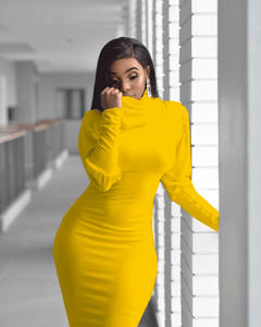 Gaun gaya Eropa dan Amerika Serikat, gaun musim gugur lengan panjang warna polos klasik baru, gaun kerah tinggi lengan lampion baru - Product Image 4