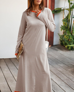 Robe longue à manches longues rayée pour femmes, robe décontractée à longueur de cheville avec poches, col <span class=keywords><strong>rond</strong></span>, bordure contrastée, printemps, automne, usage quotidien - Product Image 6