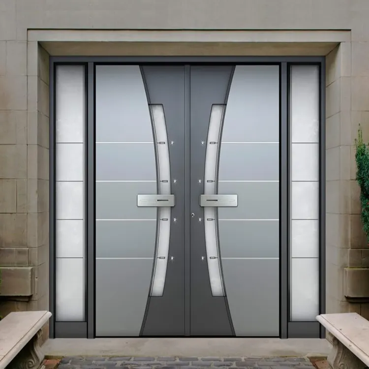 HS-AED03 moderna di sicurezza principale anteriore cancello porta d'ingresso di disegno esterno di vetro smerigliato in lamiera di alluminio del metallo porte di ingresso