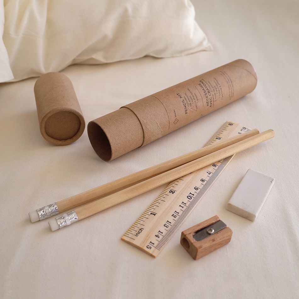 Набор экологически чистых канцелярских принадлежностей, карандаш и точилка из натурального дерева, белая ластик, деревянная Линейка в крафтовой трубке