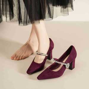 Zapatos de Mujer Mary Jane con Punta en Pico, Tacón Cuadrado, Correa de Cristal, Forro de Microfibra de Terciopelo, Tacón Mediano, Color Sólido, a la Moda - Product Image 2