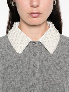 T-shirt décontracté pour femme en maille rayée respirante à col rabattu orné de perles de couleur douce grise pour l'été - Product Image 4