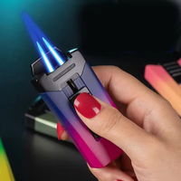 Briquet gonflable coupe-vent Double poinçon direct Torche à flamme bleue forte Briquet au butane Briquet à cigarettes en métal de couleur dégradée