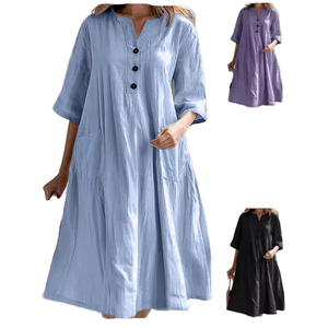 Vestido Camisero Midi <span class=keywords><strong>de</strong></span> Verano para <span class=keywords><strong>Mujer</strong></span>, <span class=keywords><strong>de</strong></span> Algodón y <span class=keywords><strong>Lino</strong></span>, Casual, Cuello en V, Manga Media, Corte Holgado, con Tres Botones y Bolsillo <span class=keywords><strong>de</strong></span> Parche, Color Sólido - Product Image 2