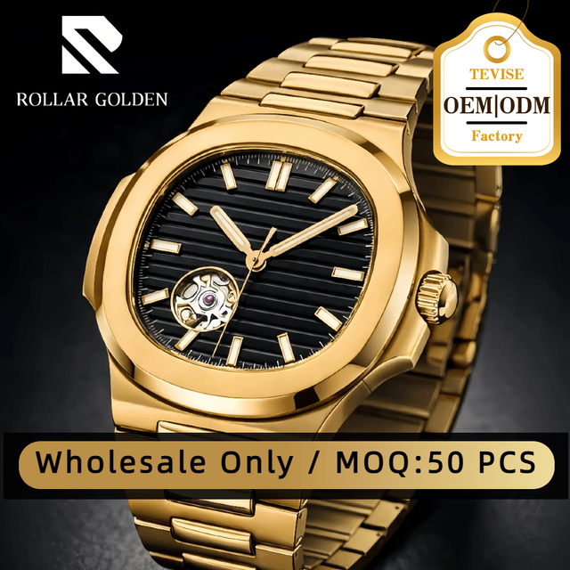 Rolar Golden 2024 Custom Logo OEM/ODM Tourbillon Flywheel Men's Automatic Mechanical Watches 43mm Dial Wrist Watch for Men
