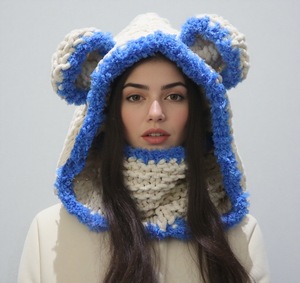 Cagoule <span class=keywords><strong>tricot</strong></span>ée mignonne pour <span class=keywords><strong>femme</strong></span> avec oreilles d'ours, bonnet chaud d'hiver pour le ski, cache-cou épais à <span class=keywords><strong>capuche</strong></span>, cache-cou animalier moelleux fait main - Product Image 2