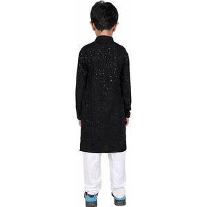 Conjunto de Kurta Triloki para Niños, Negro con Lentejuelas, Ropa Étnica de Rayón, Traje de Boda, Ropa Tradicional de India y Pakistán - Product Image 4