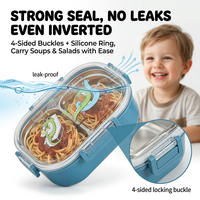 Boîte à lunch bento pour enfants en acier inoxydable 304 avec 2 compartiments, récipient alimentaire thermique étanche avec fourchette pour les enfants d'âge scolaire