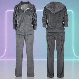 Ensemble de survêtement en velours pour femmes, survêtement 2 pièces avec fermeture éclair complète, pyjama avec poches - Product Image 1