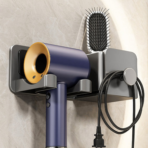 Hair Dryer Storage Rack Wall Mounted Corner Bracket With Cable Holder For Bathroom Use Durable Classic Black Rectangular Design - Product Image 1