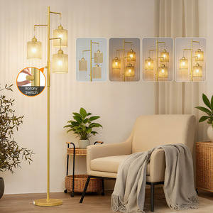 Lampe de sol industrielle en laiton, hauteur réglable, source de lumière LED, abat-jour beige, pour salon, chambre, bureau - Product Image 1